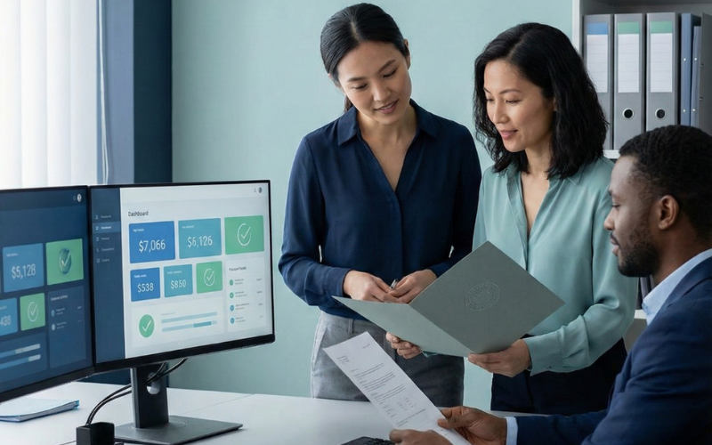 Business professionals discussing contract staffing requirements during a collaborative planning meeting in a modern U.S. office