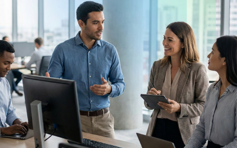 HR and finance professionals collaborating in a modern U.S. office to manage payroll operations, employee data, and workforce administration through a structured payroll outsourcing process