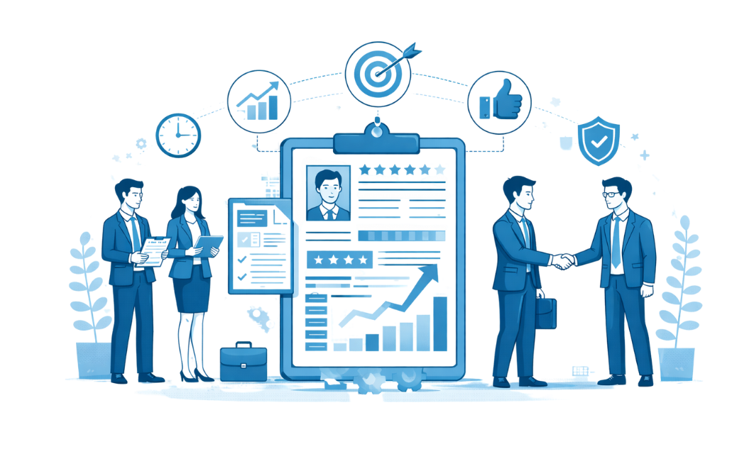 Illustration showing candidate performance evaluation, progress tracking, and successful transition from contract to full-time employment
