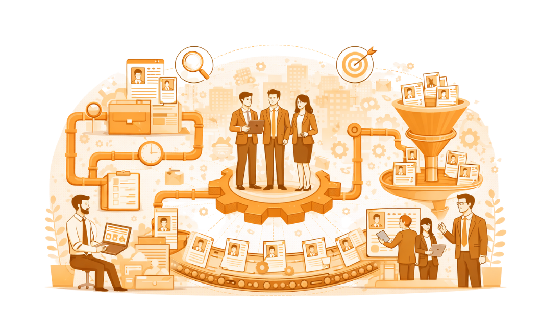 Illustration depicting recruitment process outsourcing with compliance-driven candidate evaluation, quality controls, and data-backed hiring decisions for U.S. employers