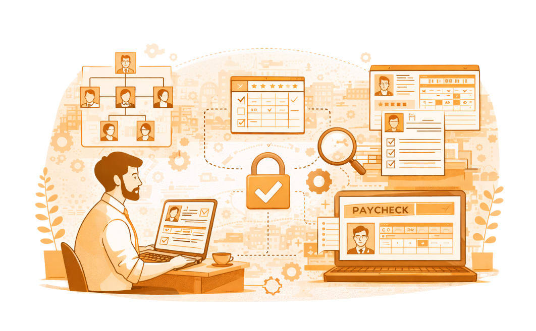 Illustration depicting secure payroll outsourcing systems, employee compensation processing, tax compliance, and data protection across distributed U.S. workforces.